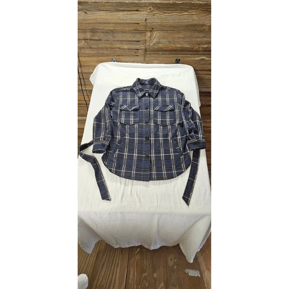 Liverpool Los Angeles Womens Navy Blue‎ Plaid Belted Shacket Jacket Small
